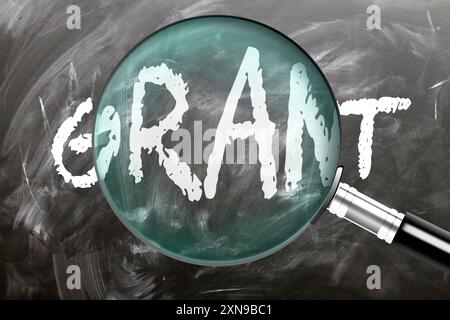 Grant - apprendre, étudier et inspecter. Examinons de plus près Grant. Une loupe agrandissant le mot « Grant » écrit sur un tableau noir Banque D'Images