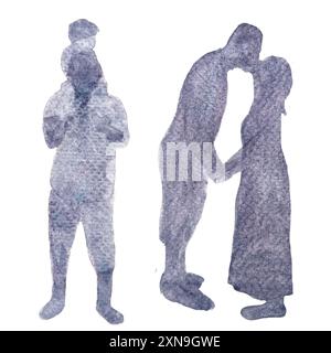 Un père portant un tout-petit sur ses épaules, un couple debout et embrassant. Un ensemble de silhouettes aquarelles délicieuses. L'illustration monochrome capture le Banque D'Images