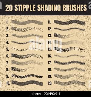 Pinceau dispersé à stipple, dessin à l'encre et texturation. Dégradé de fondu. Pointillés, dessin dotwork, ombrage à l'aide de points. Effet de désintégration des demi-tons Illustration de Vecteur