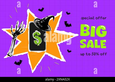 Bannière de rabais pour Halloween. Style demi-ton collage. Illustration vectorielle Illustration de Vecteur