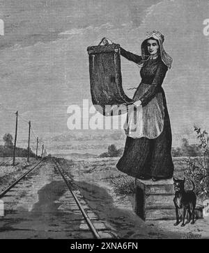 ÉTATS-UNIS. WESTERN. Fille prête à signaler un train qui passe avec le courrier, à une petite station isolée. Harper's Weekly. 1875. Banque D'Images