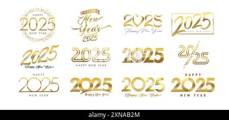 Ensemble de texte de logo Happy New Year 2025 doré. Numéros de couleur or luxueux 2025 pour la conception de calendrier d'affaires ou de cartes de voeux. Bannière vectorielle Illustration de Vecteur