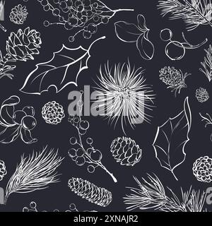 Motif sans couture linéaire de Noël. Dessin botanique d'hiver de silhouettes plates de baies, de feuilles, de cônes et de branches de pin sur fond sombre. Banque D'Images