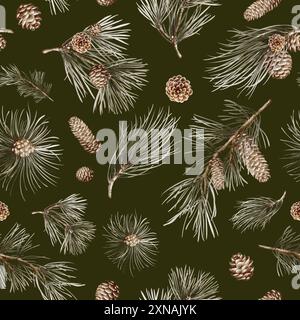 Fond sans couture de Noël. Motif aquarelle avec branches de sapin et pommes de pin pour l'emballage de vacances. Conception de la nature. Feuilles persistantes botaniques hivernales Banque D'Images