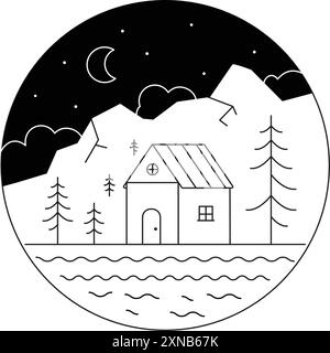 Maison, cabane dans les montagnes, illustration minimaliste vectorielle. Paysage de montagne vecteur noir et blanc, illustration, croquis. Silhouette de Illustration de Vecteur