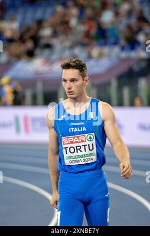 Filippo Tortu (Italie), médaille d'argent du 200m masculin et médaille d'or du relais 4x100m aux Championnats d'Europe d'athlétisme Roma 2024, stade Olympique, Rome, Italie Banque D'Images