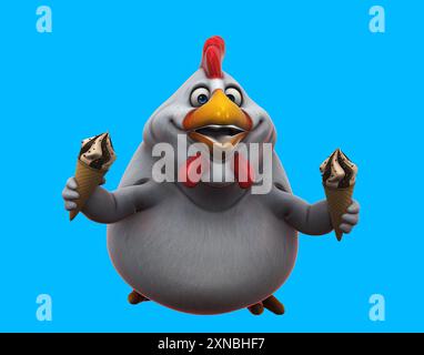 Poulet de dessin animé amusant avec une crème glacée Banque D'Images