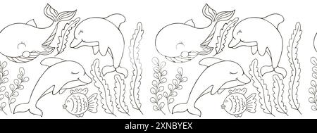 Frontière marine sans couture. Dessin monochrome de conte de fées. Habitants de la mer. Conception vectorielle pour papier, couverture et autre utilisation Illustration de Vecteur