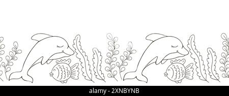 Frontière marine sans couture. Dessin monochrome de conte de fées. Dauphins. Conception vectorielle pour le papier, la couverture, le décor et toute autre utilisation Illustration de Vecteur