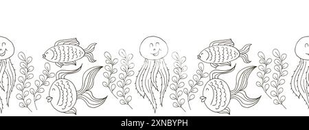 Frontière marine sans couture. Dessin monochrome de conte de fées. Habitants de la mer. Conception vectorielle Illustration de Vecteur
