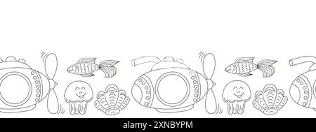 Frontière marine sans couture. Dessin monochrome de conte de fées. Sous-marins. Conception vectorielle pour papier, tissu et autre utilisation Illustration de Vecteur