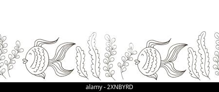 Frontière marine sans couture. Dessin monochrome de conte de fées. Poissons. Conception vectorielle pour le papier, la couverture, la décoration intérieure et toute autre utilisation Illustration de Vecteur