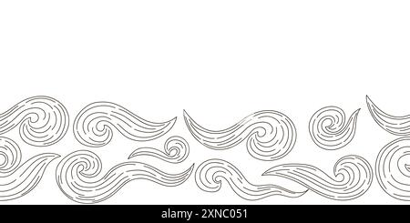 Frontière marine sans couture. Dessin monochrome de conte de fées. Vagues. Conception vectorielle pour papier, couverture, tissu et autre utilisation Illustration de Vecteur