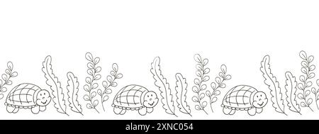 Frontière marine sans couture. Dessin monochrome de conte de fées. Tortues. Conception vectorielle pour le papier, la couverture, la décoration intérieure et toute autre utilisation Illustration de Vecteur