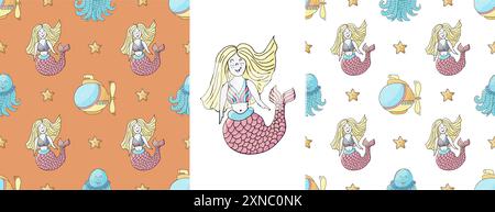 Sirènes et leurs amies. Définissez des motifs marins sans couture. Modèle dans le style de dessin à la main, créé pour les tissus, textiles, wrappin, décorati de chambre d'enfants Illustration de Vecteur