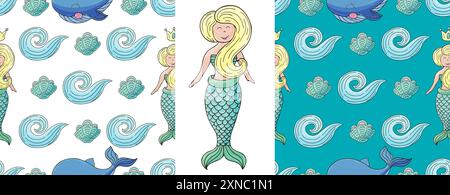 Sirènes et leurs amies. Définissez des motifs marins sans couture. Motif dans le style dessin à la main, créé pour les tissus Illustration de Vecteur