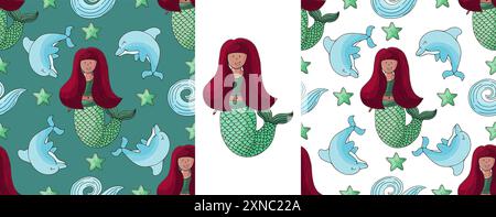 Sirènes et leurs amies. Définissez des motifs marins sans couture. Motif dans le style de dessin à la main, créé pour les tissus, etc Illustration de Vecteur