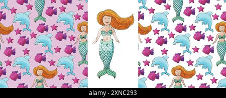 Sirènes et leurs amies. Définissez des motifs marins sans couture. Motif dans le style de dessin à la main, créé pour les tissus, textiles, emballage, chambre d'enfants, etc Illustration de Vecteur