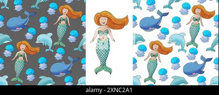 Sirènes et leurs amies. Définissez des motifs marins sans couture. Modèle dans le style de dessin à la main, créé pour les tissus, textiles, papier d'emballage, packagin, etc Illustration de Vecteur