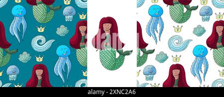 Sirènes et leurs amies. Définissez des motifs marins sans couture. Motif dans le style de dessin à la main, créé pour les tissus, les textiles, etc Illustration de Vecteur