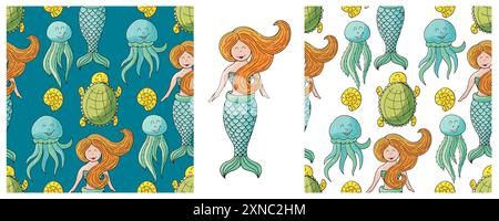 Définissez des motifs marins sans couture. Sirènes et leurs amies. Modèle dans le style de dessin à la main, papier d'emballage, emballage, décoration de chambre d'enfants, etc Illustration de Vecteur