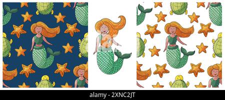 Définissez des motifs marins sans couture. Sirènes et leurs amies. Modèle dans le style de dessin à la main, papier d'emballage, emballage, chambre d'enfants, etc Illustration de Vecteur