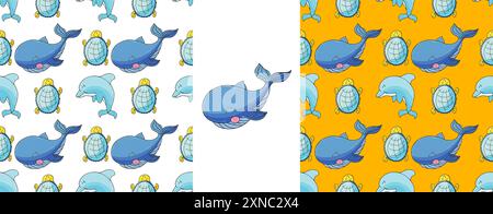 Définissez des motifs marins sans couture. Les baleines et leurs amis. Motif dans le style dessin à la main, créé pour les tissus Illustration de Vecteur