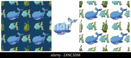 Les baleines et leurs amis. Définissez des motifs marins sans couture. Modèle dans le style de dessin à la main, créé pour les tissus, textiles, papier d'emballage, emballage, enfants Illustration de Vecteur
