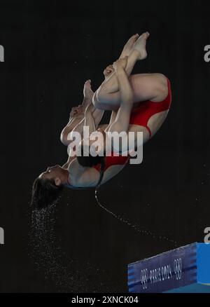 Paris, France. 31 juillet 2024. Jin min JO et Rae Mi Kim de la République populaire de Corée plongent lors de la plateforme de plongée synchronisée féminine sur 10 m de la compétition de plongée des Jeux olympiques d'été 2024 au Centre aquatique de Saint Denis, au Nord de Paris, France, le mercredi 31 juillet, 2024. le duo remporte l'argent. Photo de Maya Vidon-White/UPI. Crédit : UPI/Alamy Live News Banque D'Images