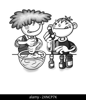 Art noir et blanc, enfants d'âge préscolaire cuisiner ensemble, apprendre à cuisiner, cuire au four Ajout de colorant alimentaire et de vanille à la cuisson de la pâte, séquence de cuisine 3 sur 6 Banque D'Images