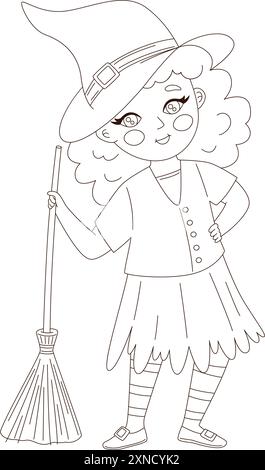 Adorable coloriage mettant en vedette une sorcière mignonne. Parfait pour les livres de coloriage d'activités pour enfants Illustration de Vecteur