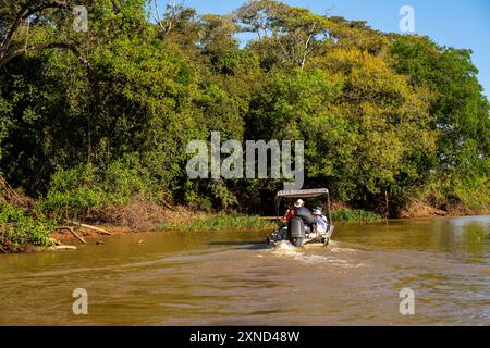 Touristes à la recherche du jaguar, le plus grand chat sud-américain, rencontre de Waters Park, Pantanal du Mato Grosso, Brésil Banque D'Images