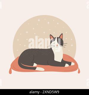 Vector Flat Grey Dreaming Cat. Dessin animé chat couché sur le tapis. Chat mignon et drôle dans la vue de face Illustration de Vecteur