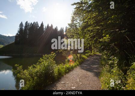 Lac Spitzingsee, montagne Brecherspitze en été Bavière, Allemagne Banque D'Images