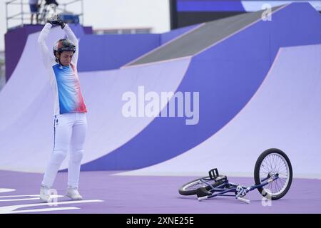 Paris, France. 31 juillet 2024. Laury Perez (FRA) concourt en BMX Freestyle féminin lors des Jeux Olympiques de Paris 2024, à la Concorde 2, à Paris, France, le 31 juillet 2024. Photo de Nicolas Gouhier/ABACAPRESS. COM Credit : Abaca Press/Alamy Live News Banque D'Images