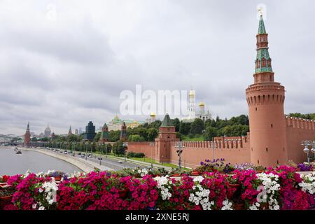 Vue à travers les fleurs des tours du Kremlin et de la rivière Moscou Banque D'Images