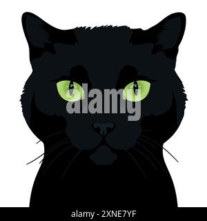 Chat noir isolé sur fond blanc. Visage félin. Chat noir aux yeux verts. Style réaliste. Pour autocollants, t-shirts, mugs, design Illustration de Vecteur