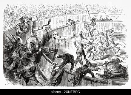 Taureau sautant la barrière pendant une corrida, Comunidad Valenciana. Voyage en Espagne, 1862 de Jean Charles Davillier (1823-1883) dessin de Gustave Dore (1832-1883) le Tour du monde 1862 Banque D'Images