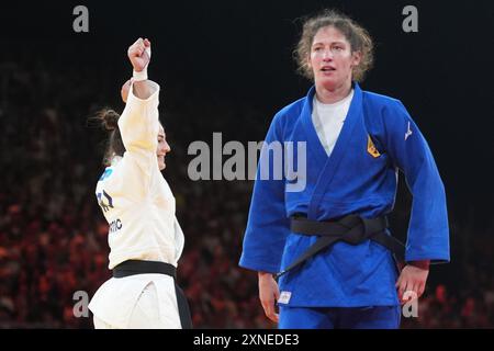 Paris, France. 31 juillet 2024. Olympia, Paris 2024, judo, femmes jusqu'à 70 kg, champ de mars Arena, finale, Miriam Butkereit (R) d'Allemagne réagit après avoir perdu la finale contre Barbara Matic de Croatie. Crédit : Marcus Brandt/dpa/Alamy Live News Banque D'Images