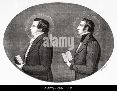 Portraits du prophète Joseph Smith (1805-1844), fondateur du mormonisme et de son frère Hyrum Smith (1800-1844) États-Unis d'Amérique, dessin de Charles-Joseph Mettais. Voyage à la Cité des Saints, 1860. Capitale du pays des Mormons par Richard Francis Burton (1821-1890) le Tour du monde 1862 Banque D'Images