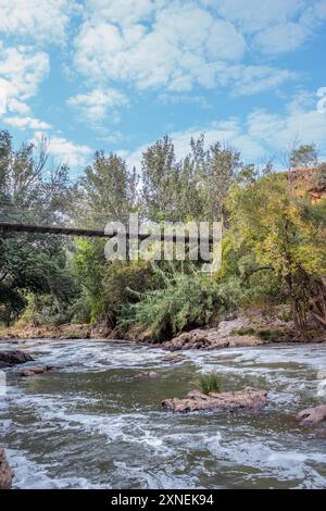 Vue d'un sentier de randonnée Hennops, avec rivière qui traverse, petit pont et téléphérique au-dessus de la rivière, Hartbeespoort, Johannesburg, Afrique du Sud Banque D'Images