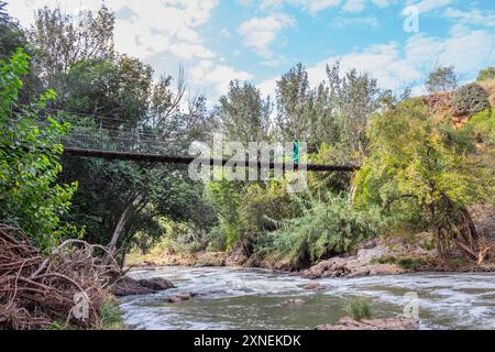 Vue d'un sentier de randonnée Hennops, avec rivière qui traverse, petit pont et téléphérique au-dessus de la rivière, Hartbeespoort, Johannesburg, Afrique du Sud Banque D'Images