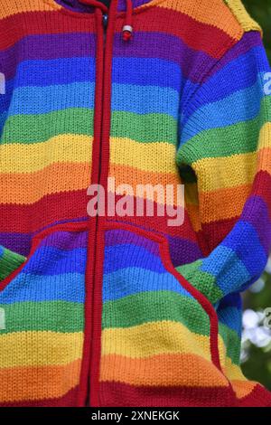 La fierté de l'arc-en-ciel LGBT colorée colore le manteau ou la veste sur le cintre, en gros plan avec des détails Banque D'Images