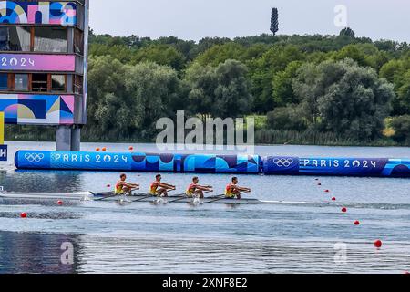 MOROSAN Ioana Madalina de Roumanie, CIOTAU Emanuela Ioana de Roumanie, UNGUREANU Alexandra de Roumanie, cires Patricia de Roumanie les Quadruples Sculls d'aviron aux Jeux Olympiques de Paris 2024 le 31 juillet 2024 au stade nautique de Vaires-sur-Marne à Vaires-sur-Marne, France - photo Gregory Lenormand/DPPI Media/Panoramic Credit : DPPI Media/Alamy Live News Banque D'Images