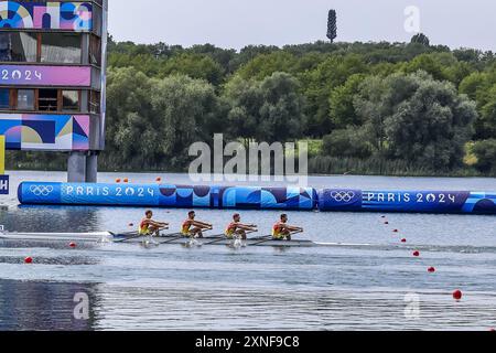 MOROSAN Ioana Madalina de Roumanie, CIOTAU Emanuela Ioana de Roumanie, UNGUREANU Alexandra de Roumanie, cires Patricia de Roumanie aviron hommes&#39;s Quadruple Sculls lors des Jeux Olympiques de Paris 2024 le 31 juillet 2024 au stade nautique de Vaires-sur-Marne à Vaires-sur-Marne, France Banque D'Images