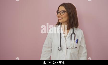 Attrayante jeune femme hispanique médecin dans un manteau blanc debout sur un fond rose, souriant avec confiance. Banque D'Images