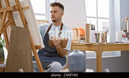 Un jeune homme hispanique contemplatif avec une barbe, portant un tablier, dessine dans un studio artistique, incarnant créativité et concentration. Banque D'Images