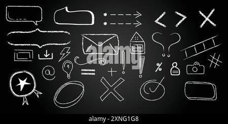 Collection de symboles et de formes dessinés sur un tableau noir. Les symboles comprennent un cœur, une maison, une caméra, un point d'interrogation et une flèche. La scène est lue Illustration de Vecteur