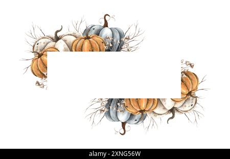 Citrouilles orange, noir, blanc, branches sèches. Cadre rectangulaire aquarelle dessiné à la main dans le style d'automne. Convient pour la décoration de design, les cartes, l'automne po Banque D'Images