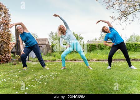 Groupe de femmes âgées énergiques effectuant des exercices d'étirement dans un jardin. Retraités actifs qui maintiennent la santé grâce à des activités de conditionnement physique en plein air, de Banque D'Images